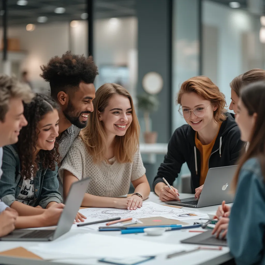 Alunos colaborando em projeto de design